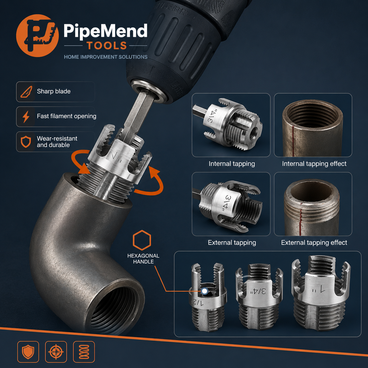 PipeMend™ 3-Piece Heavy-Duty Alloy Pipe Threading Tool Set – Integrated Internal & External PVC & Plastic Threader Kit